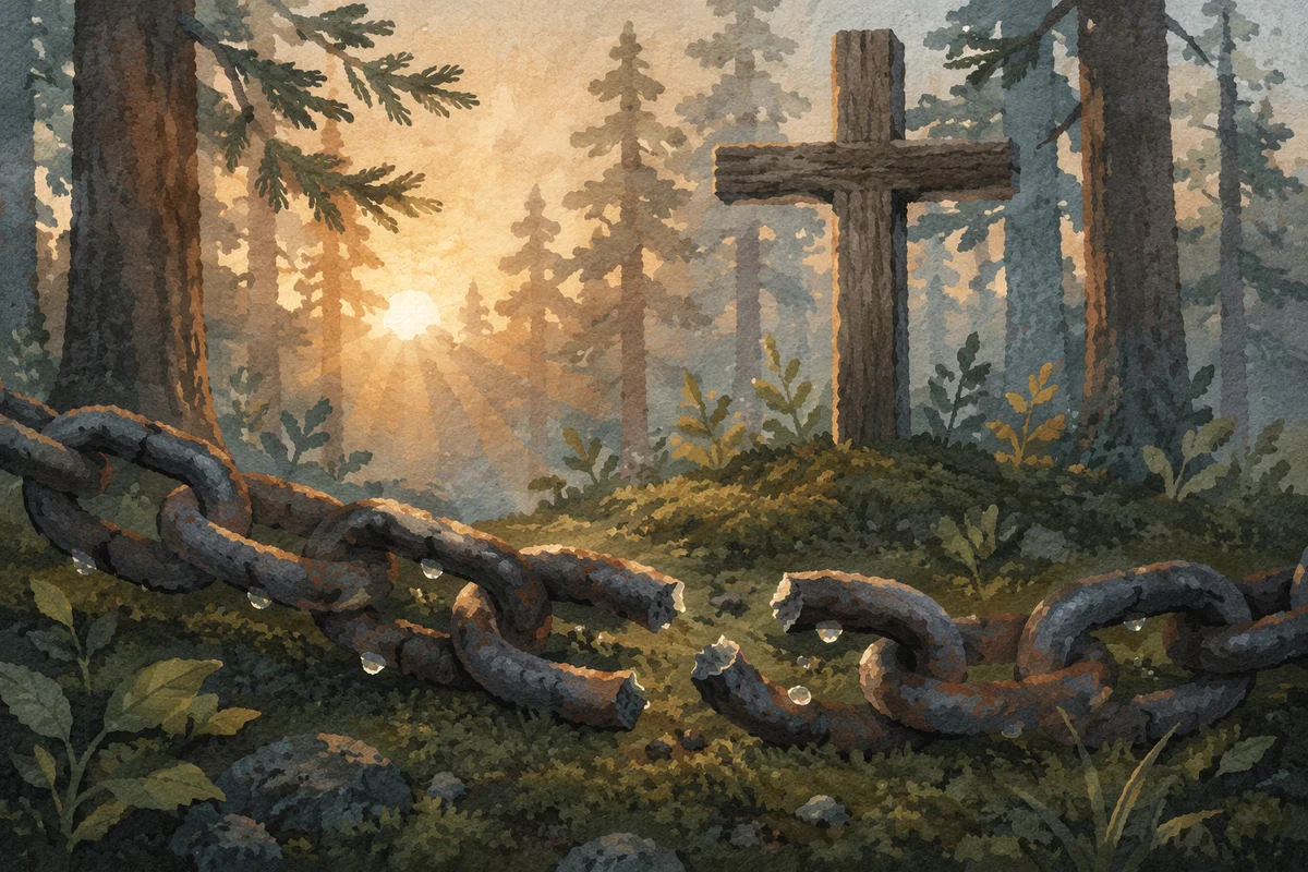 Broken Chains Beneath Evergreen Forest Cross