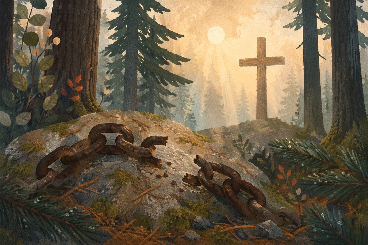 Broken Chains Beside Evergreen Forest Cross