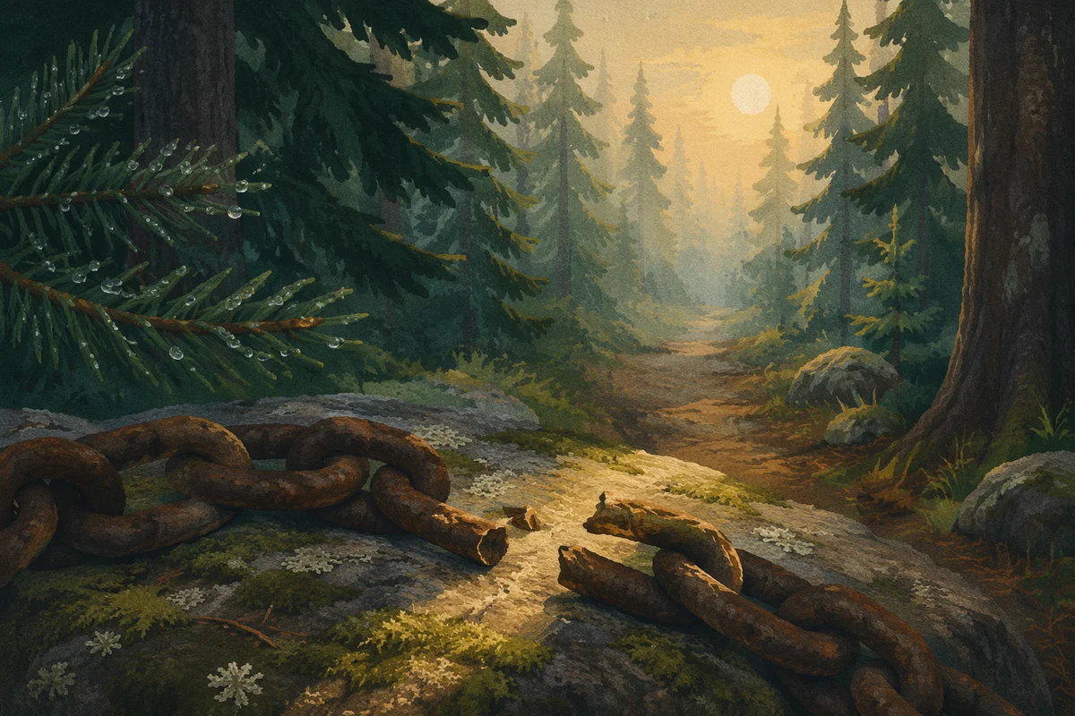 Broken Chains at Dawn in Evergreen Forest