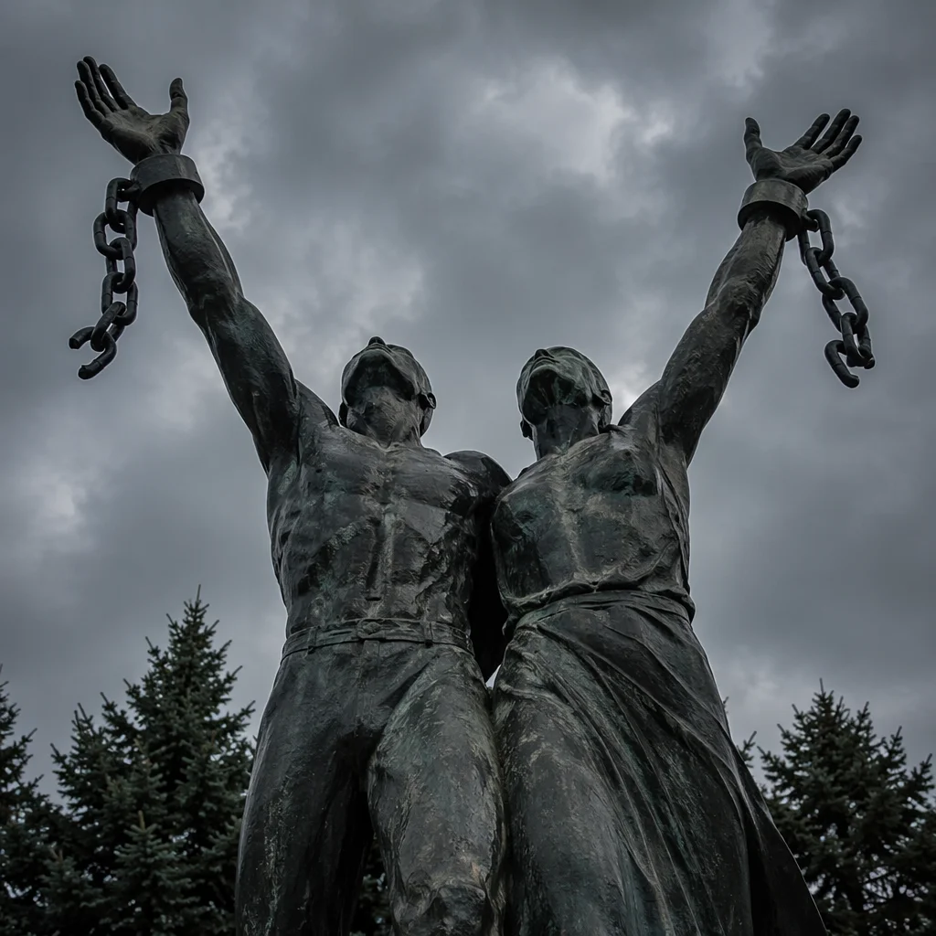 Broken Chains Freedom Monument Under Stormy Sky