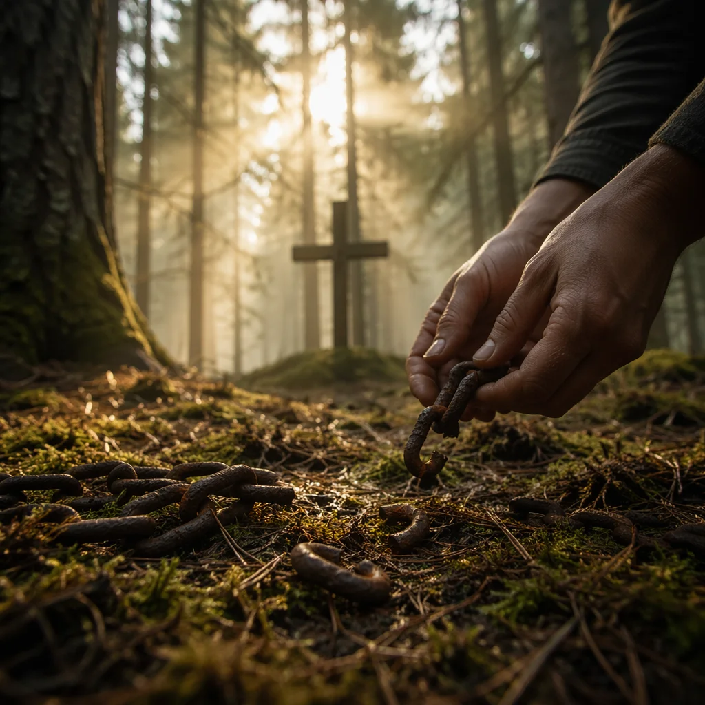 Broken Chains Beneath Evergreen Cross