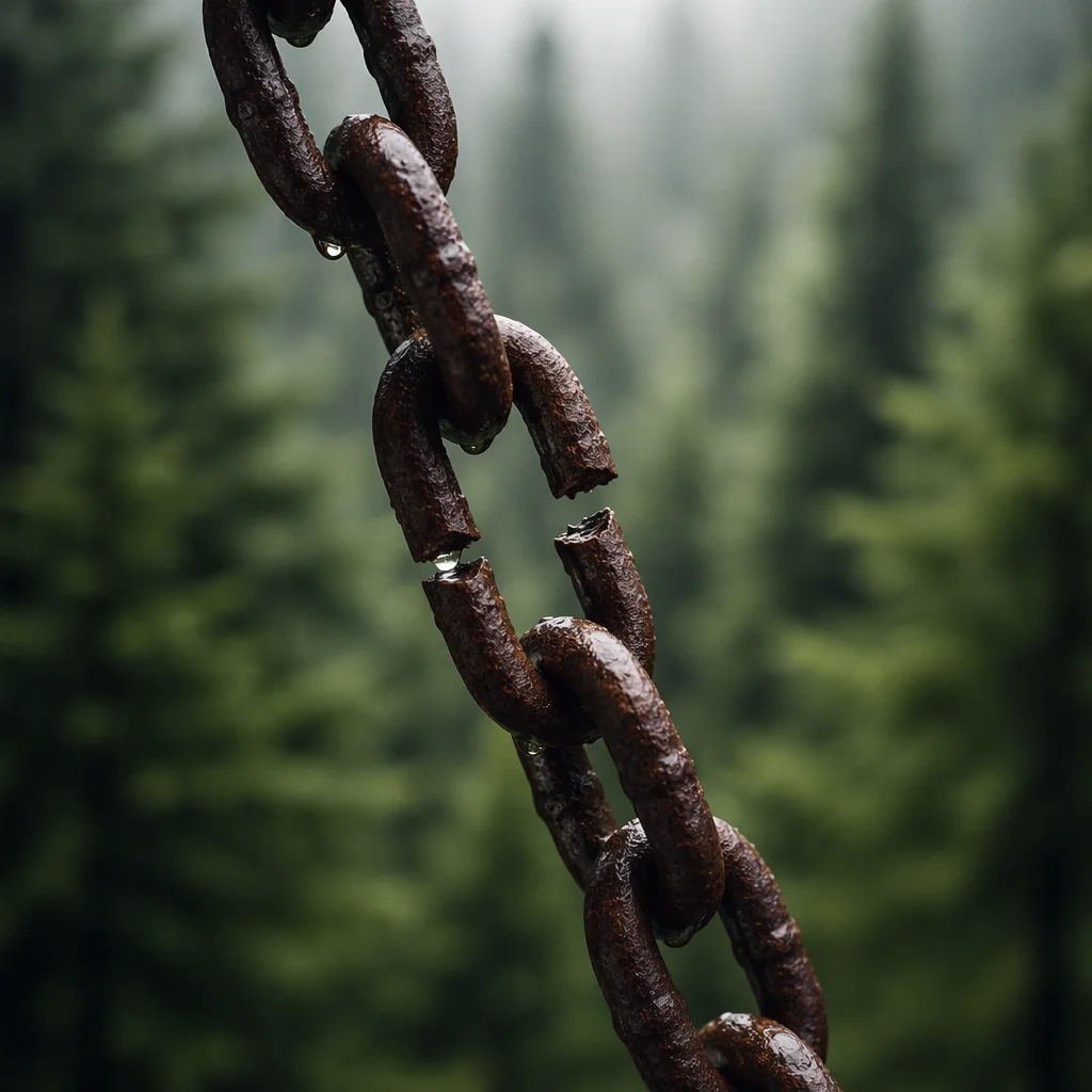 Broken Rusted Chain in Evergreen Forest