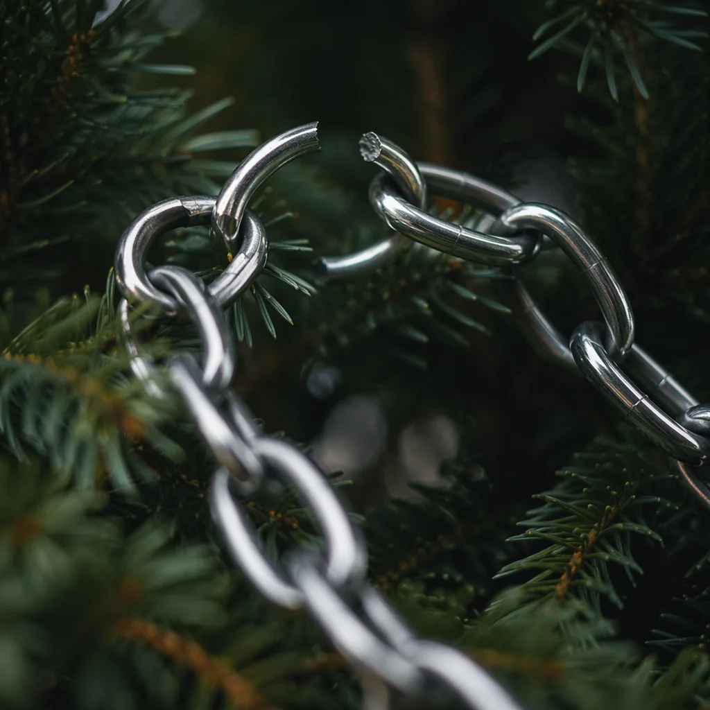 Broken Silver Chain Among Evergreen Branches