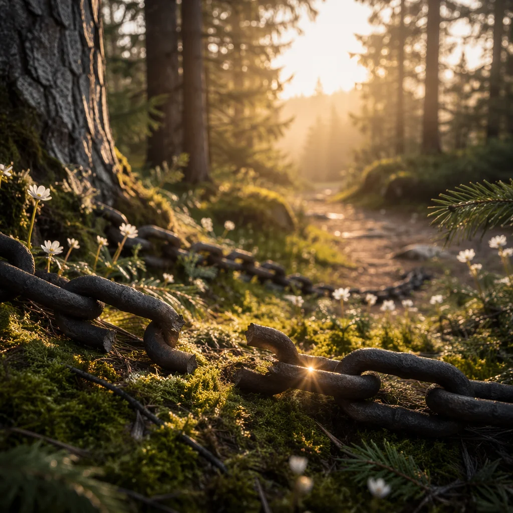 Broken Chains on Mossy Evergreen Path