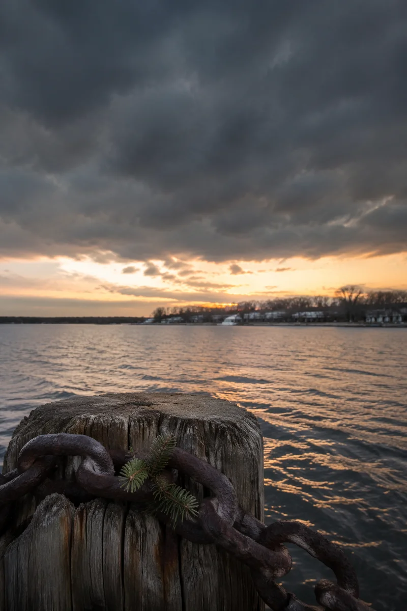 Broken Chain and Evergreen Hope at Harbor Dawn
