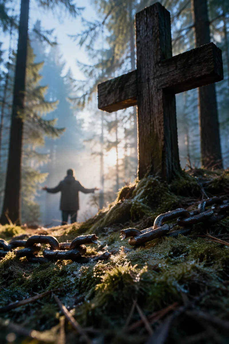 Broken Chains Beside Cross in Evergreen Forest