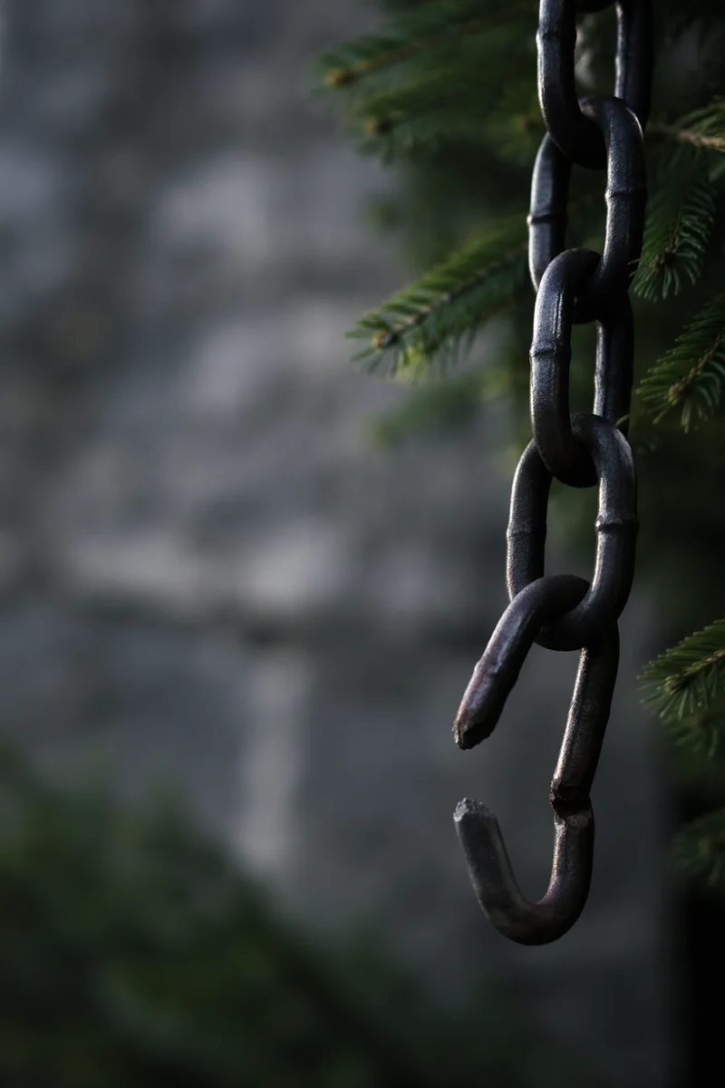 Broken Iron Chain Beside Evergreen Branch