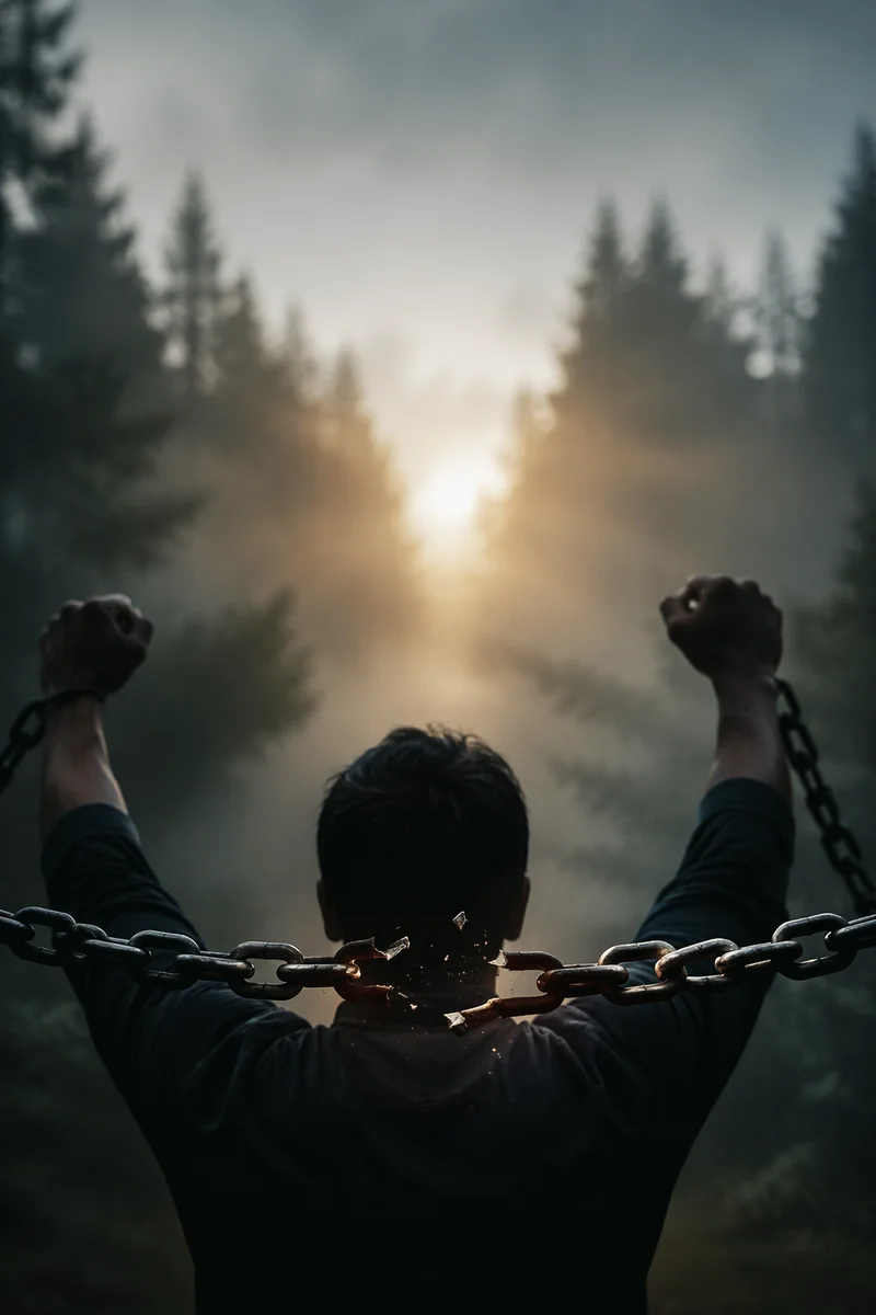 Broken Chains at Dawn in Evergreen Forest