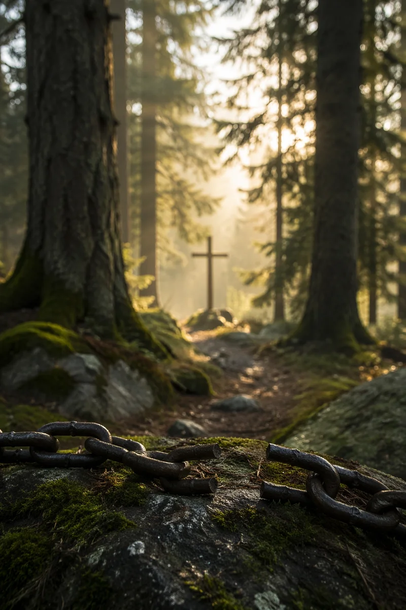 Broken Chains Beside Evergreen Cross
