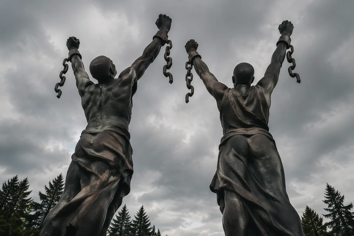 Broken Chains Freedom Monument Under Stormy Sky