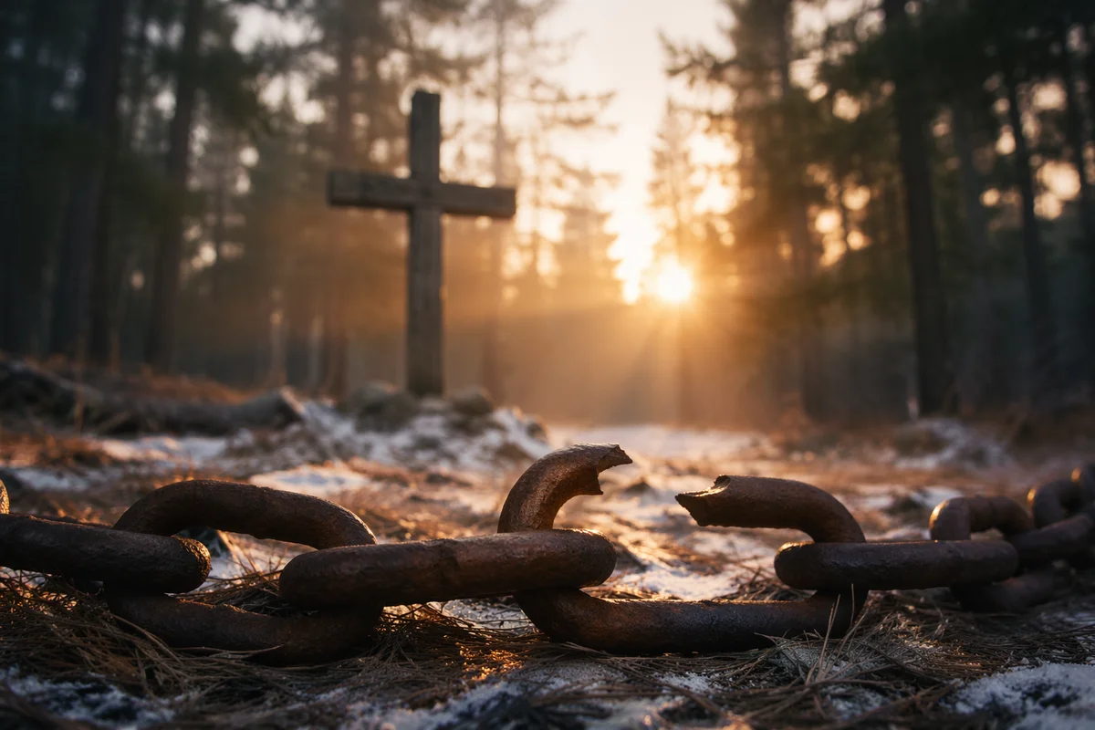 Broken Chains Before Cross in Evergreen Dawn