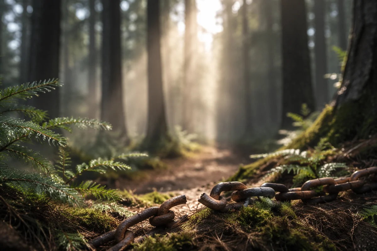 Broken Chain in Evergreen Forest Light