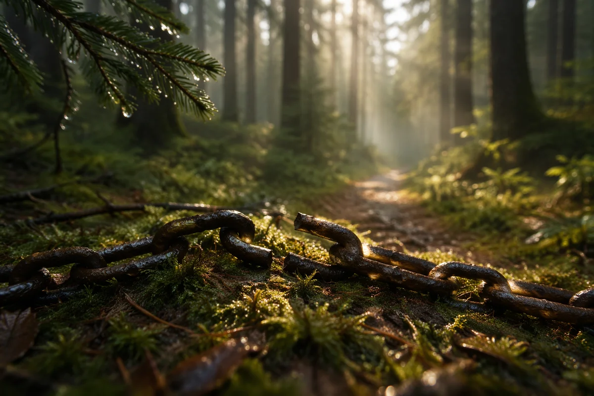 Broken Chain in Evergreen Forest Light