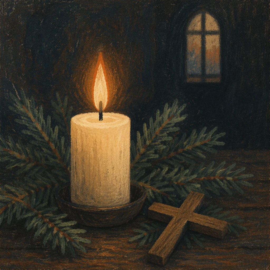 Evergreen Candlelight with Wooden Cross