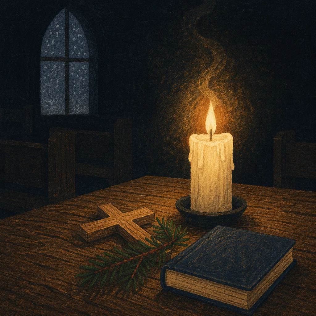 Burning Candle with Cross and Evergreen