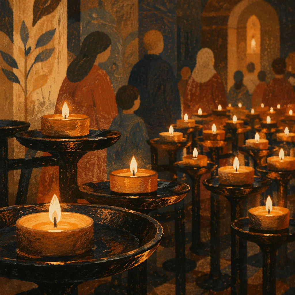 Glowing Votive Candles in Quiet Sanctuary