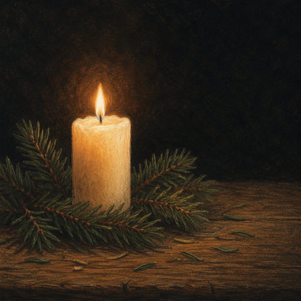 Burning Candle with Evergreen Faith Background