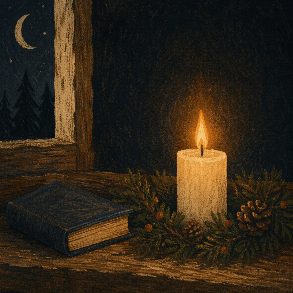 Burning Candle with Evergreen Faith at Night