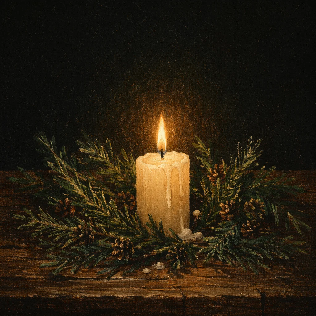 Burning Ivory Candle with Evergreen Wreath