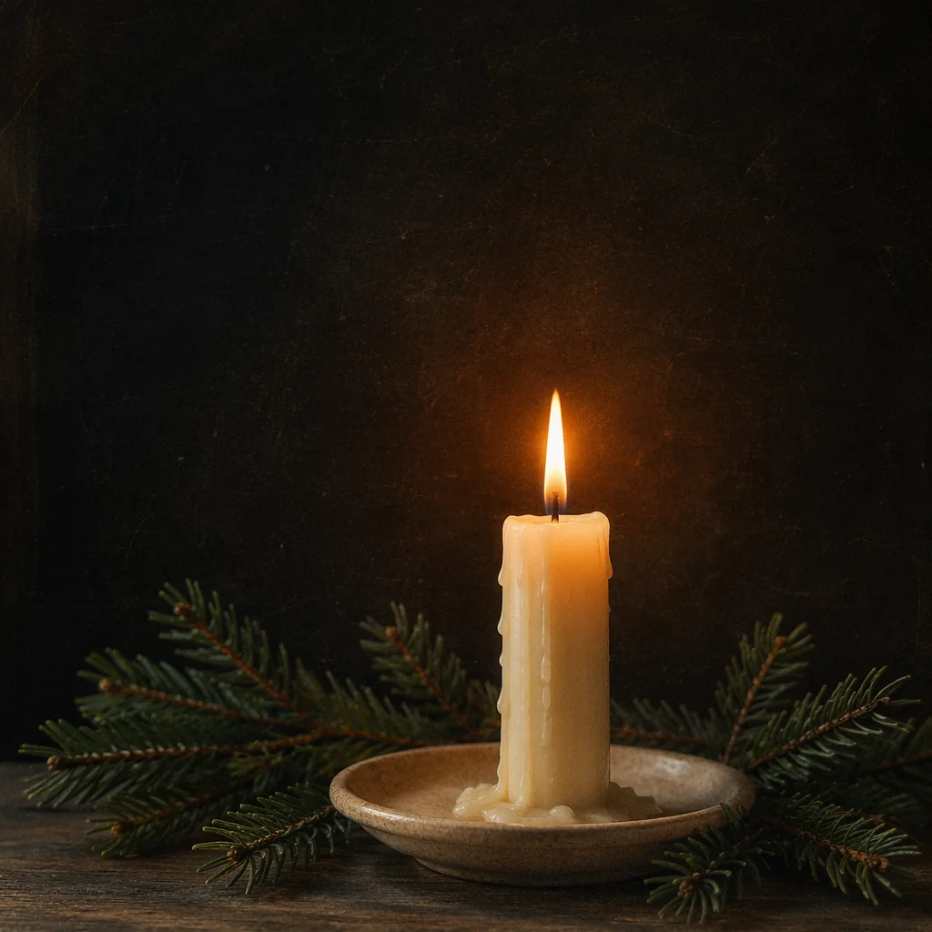 Burning Candle with Evergreen in Darkness