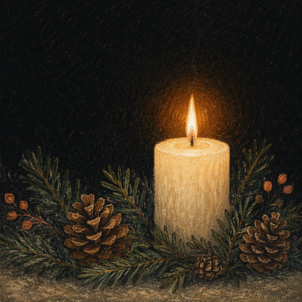 Burning Candle with Evergreen in Darkness