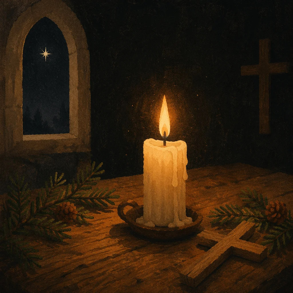 Burning Candle Prayer with Evergreen Cross