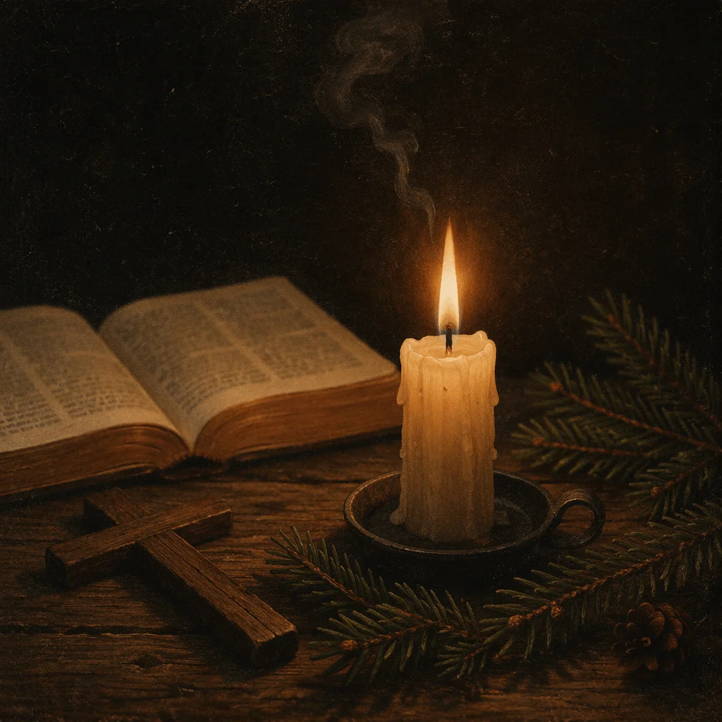 Burning Candle with Evergreen Faith Still Life
