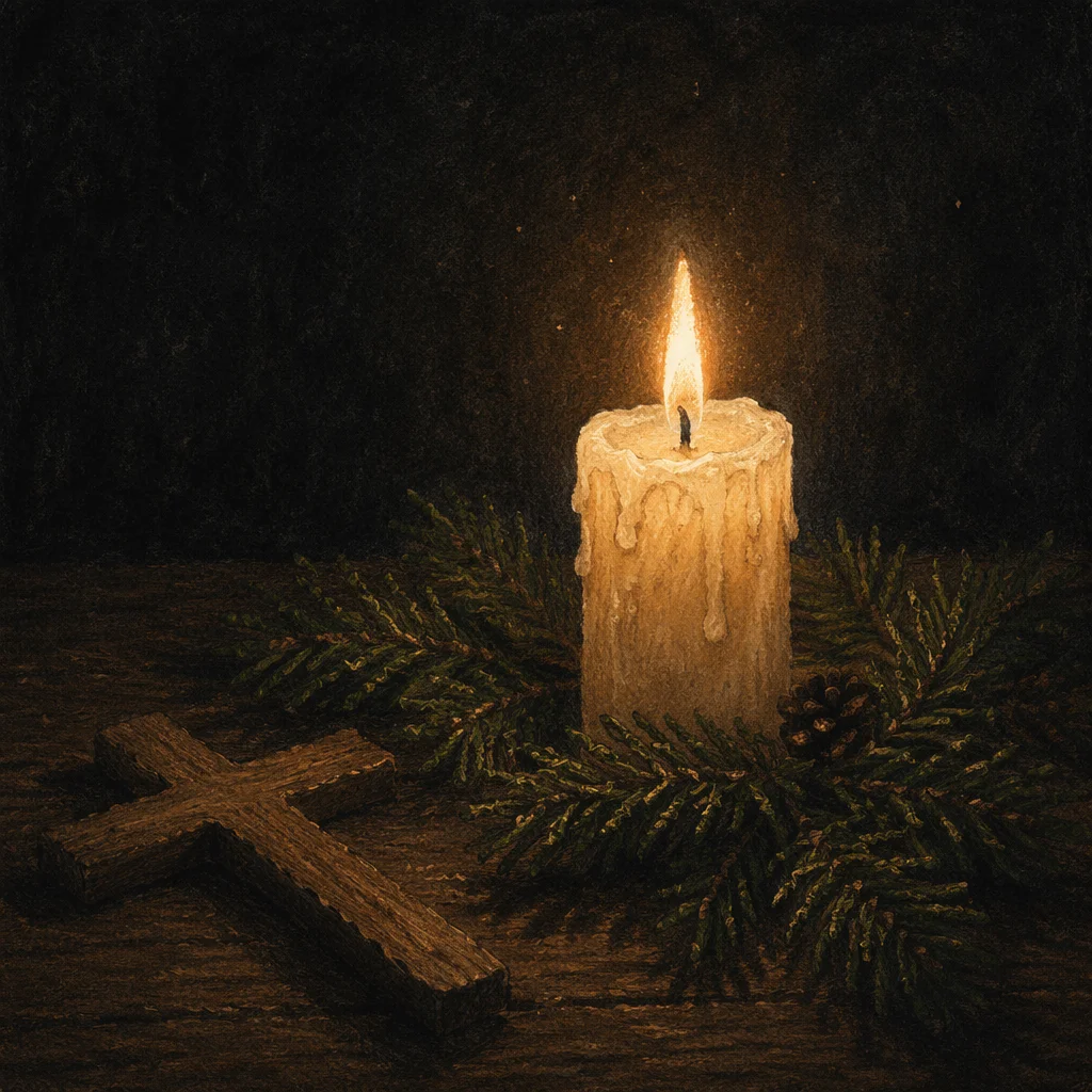 Burning Candle with Evergreen and Wooden Cross