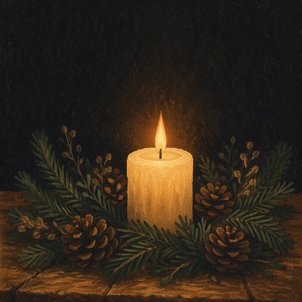 Ivory Candle with Evergreen in Darkness