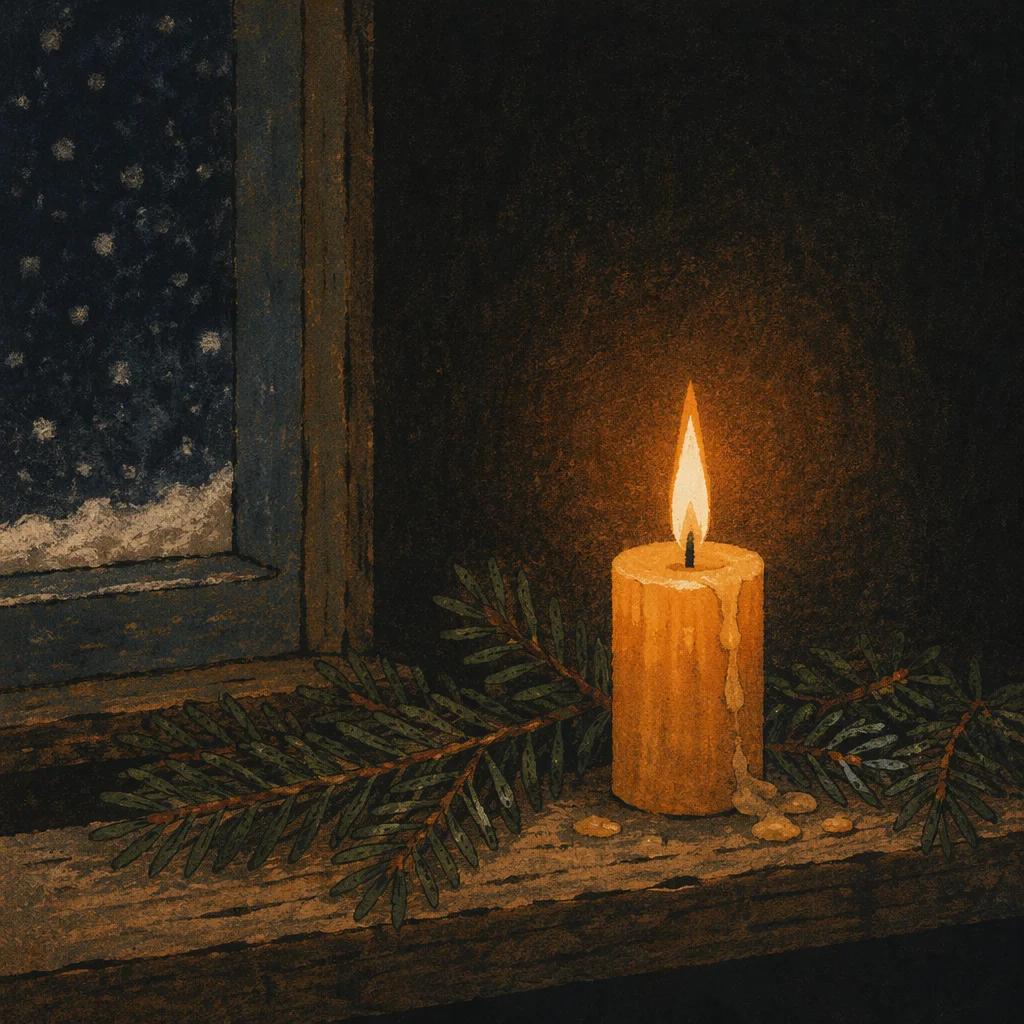 Burning Beeswax Candle with Evergreen Sprigs