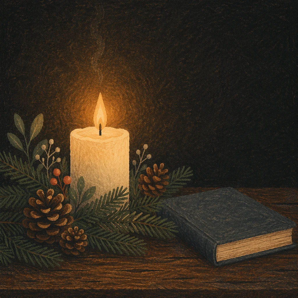 Burning Candle with Evergreen Faith Still Life