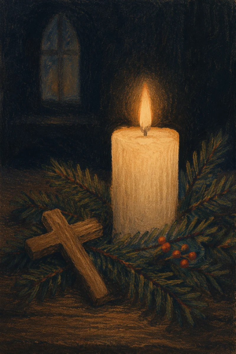 Burning Candle with Evergreen and Wooden Cross