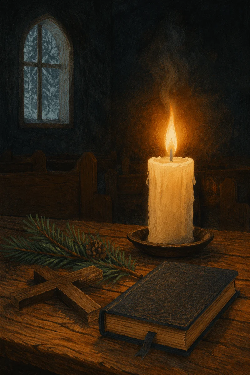 Burning Candle with Cross and Evergreen
