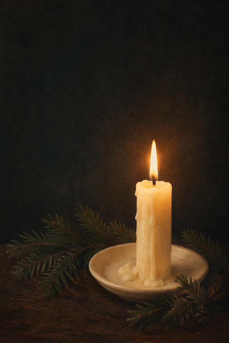 Burning Ivory Candle with Evergreen Sprigs