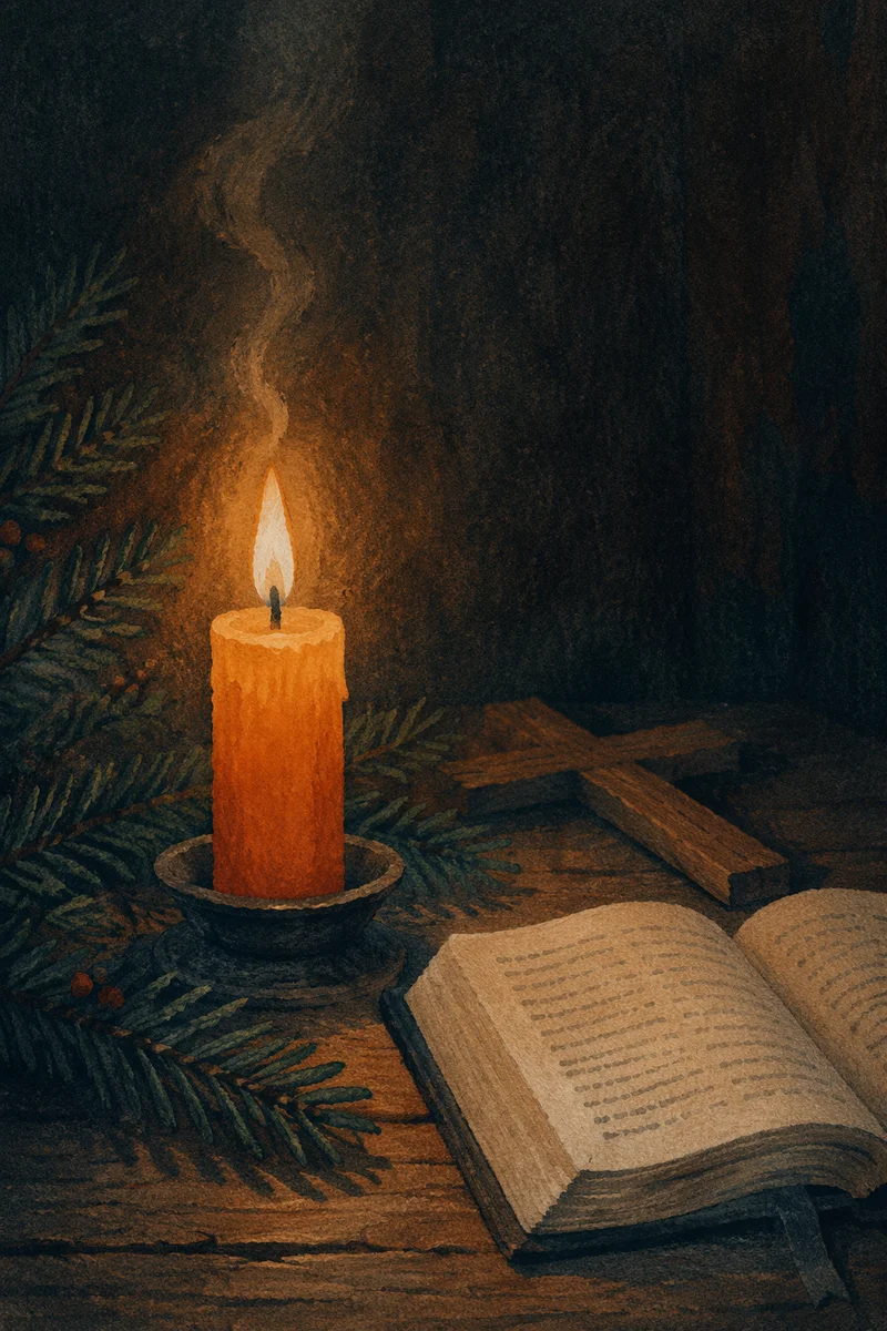 Burning Candle with Evergreen Faith Still Life