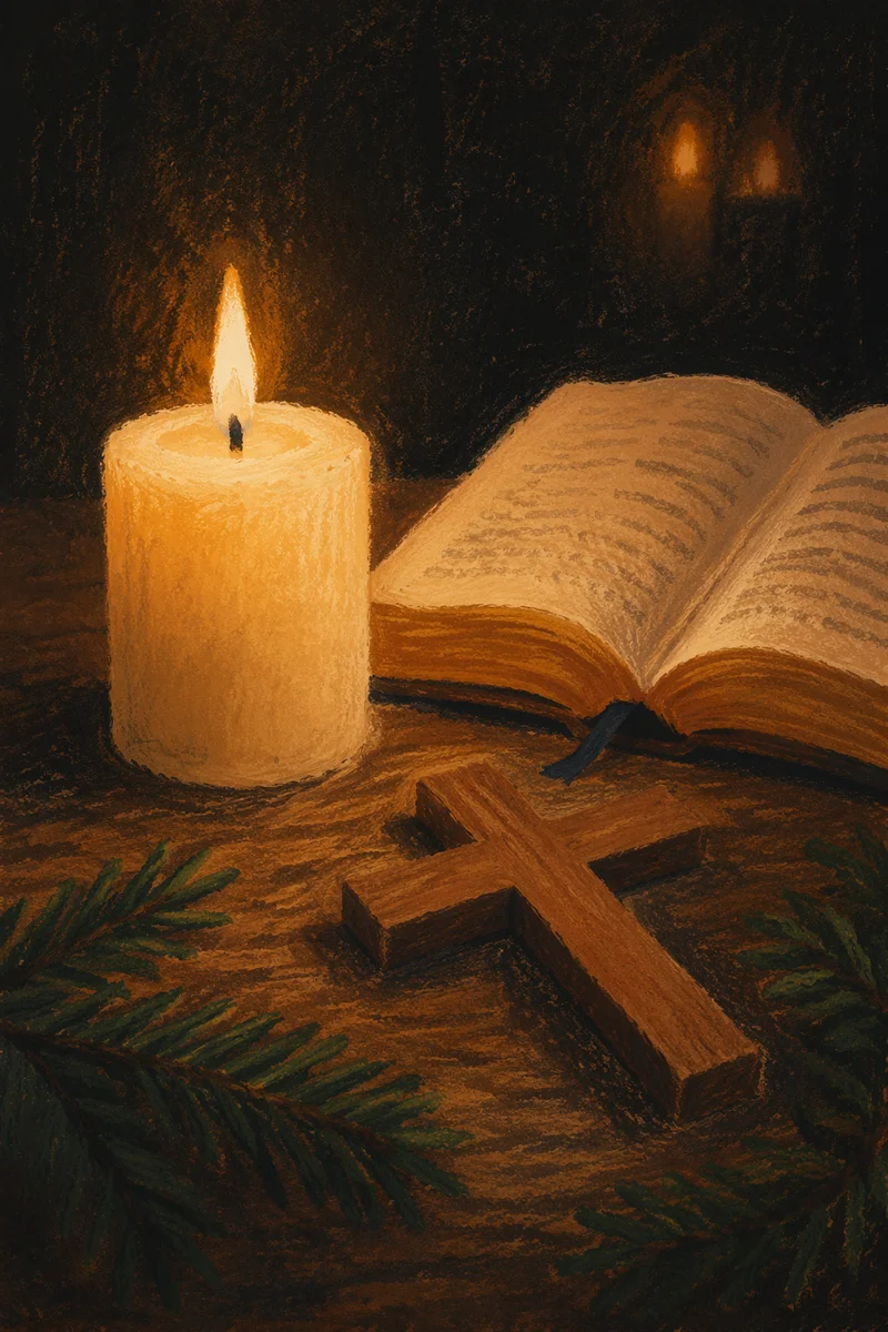 Burning Candle with Cross in Quiet Prayer