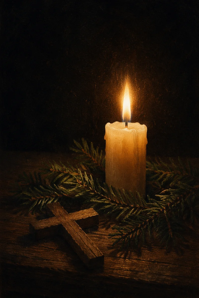 Evergreen Candlelight Cross in Quiet Darkness