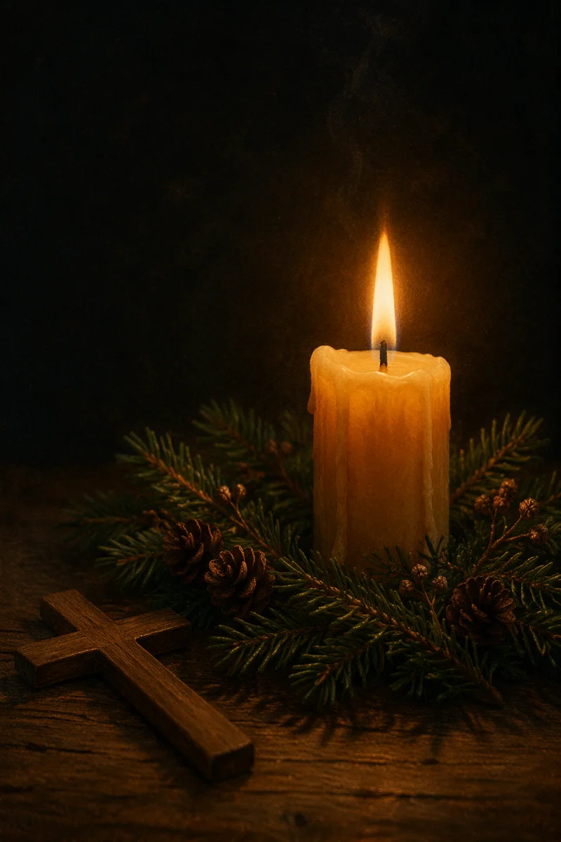 Burning Candle with Evergreen Faith Wreath