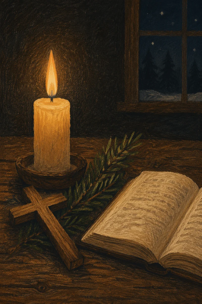 Burning Candle Beside Cross and Evergreen