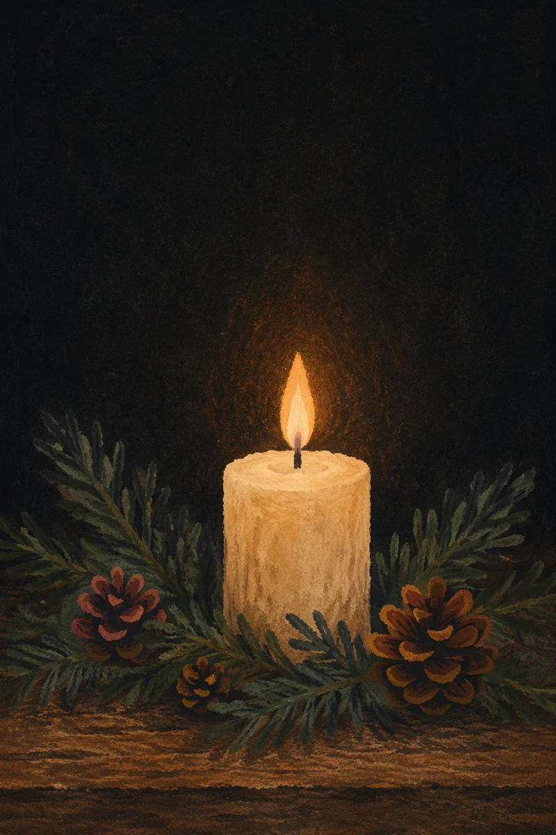 Burning Candle with Evergreen in Darkness