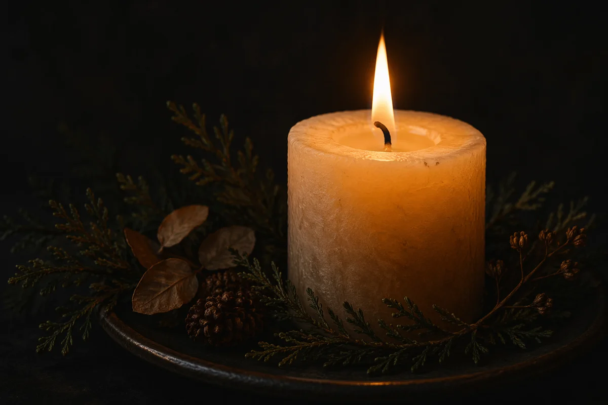 Burning Candle with Evergreen in Darkness