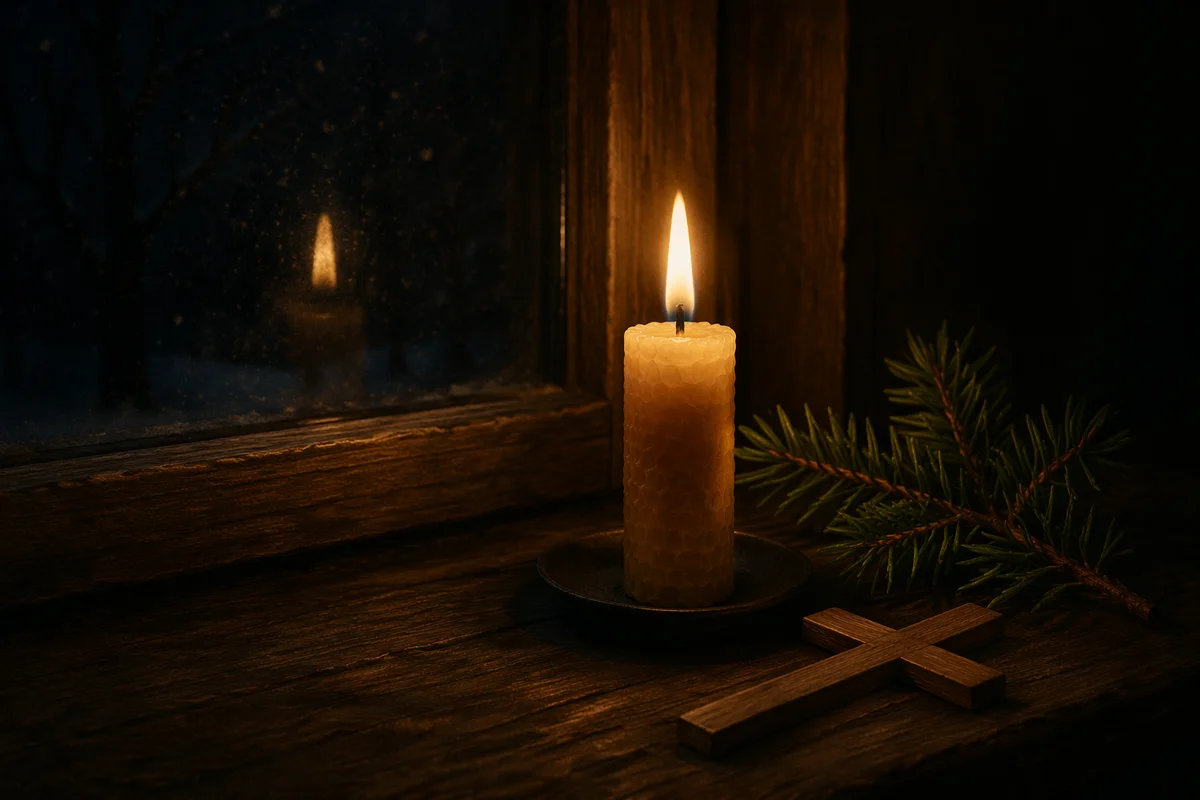 Burning Candle with Evergreen and Wooden Cross