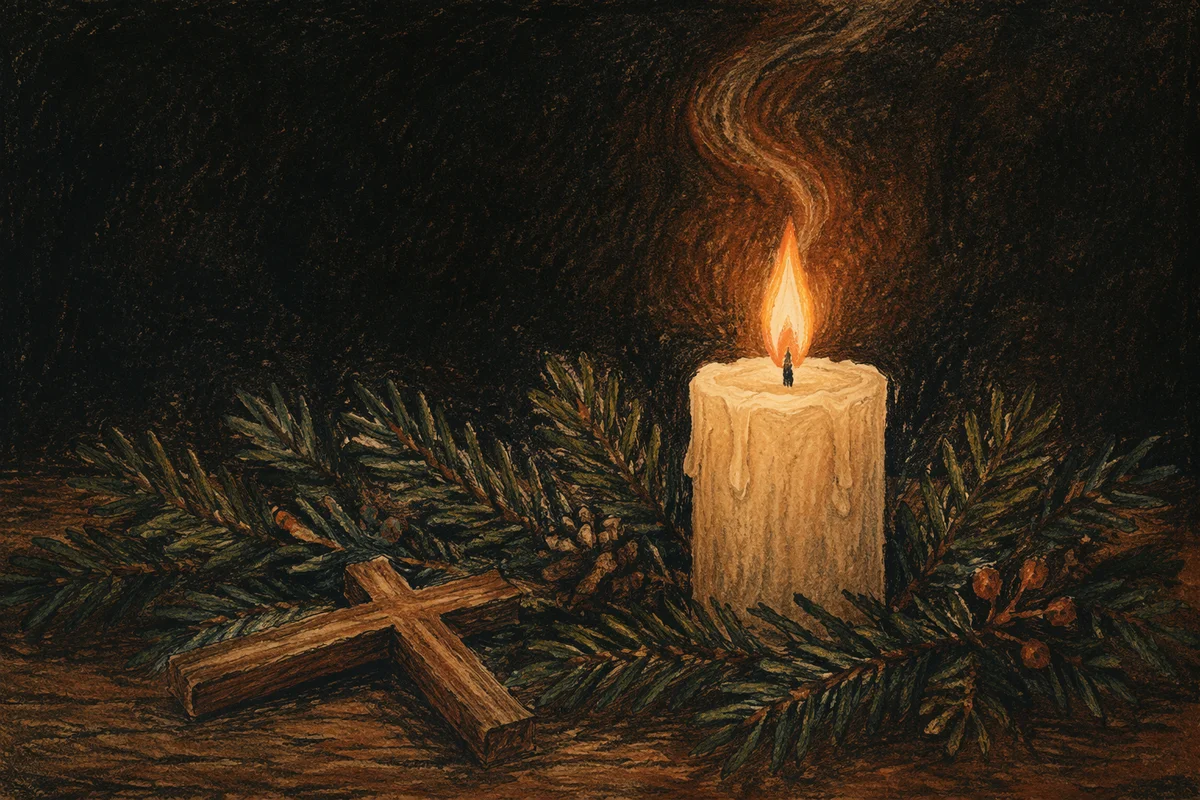Burning Candle with Evergreen Faith Cross