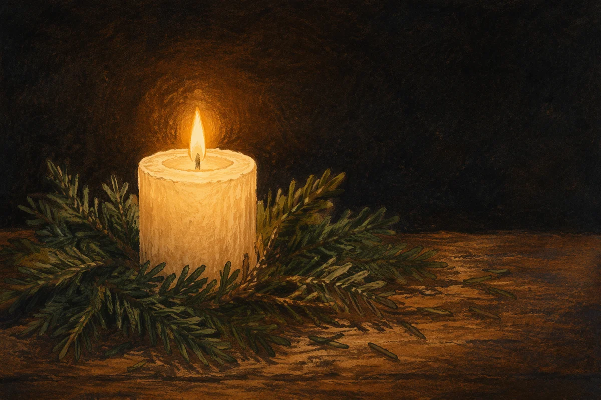 Burning Candle with Evergreen in Quiet Faith