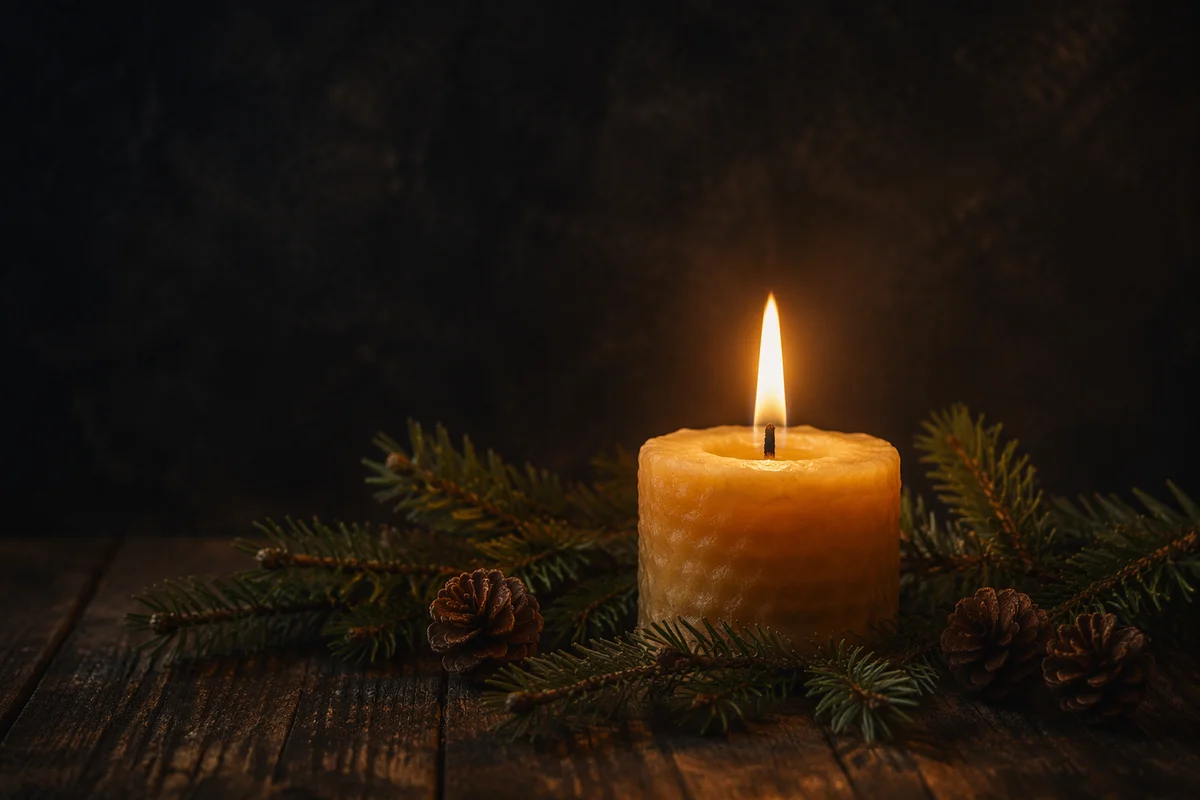 Burning Candle with Evergreen in Darkness
