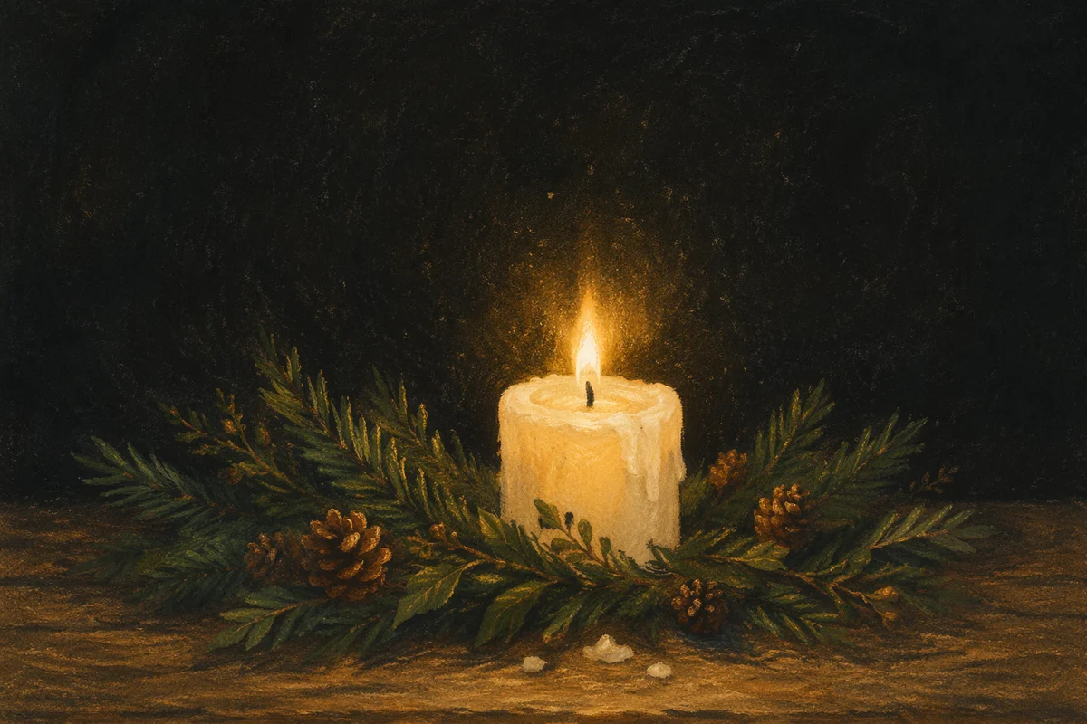 Burning Candle with Evergreen in Darkness