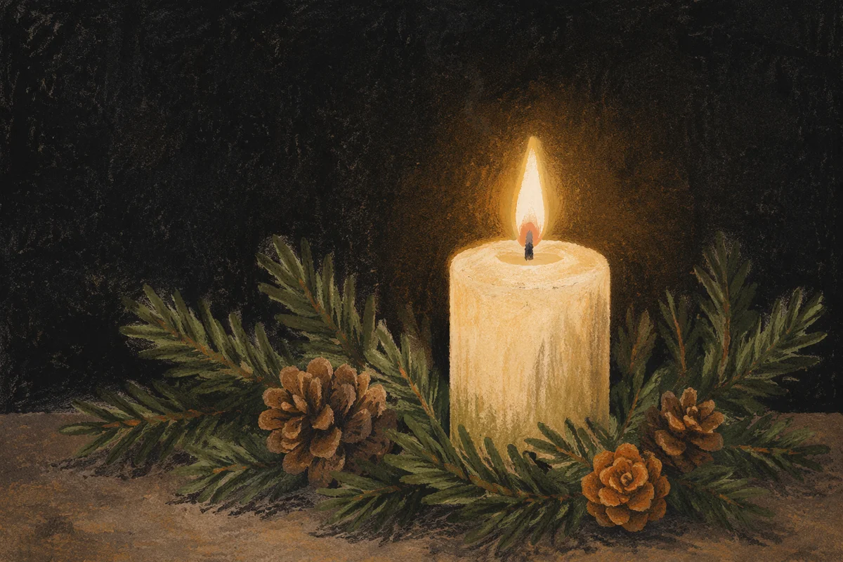 Burning Candle with Evergreen in Darkness
