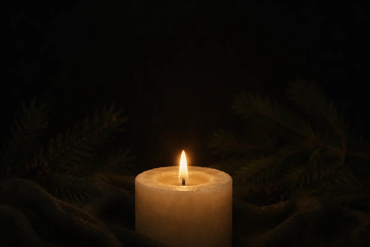 Burning Ivory Candle in Winter Darkness