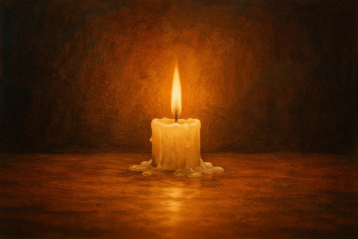 Burning Candle in Dark Faithful Stillness