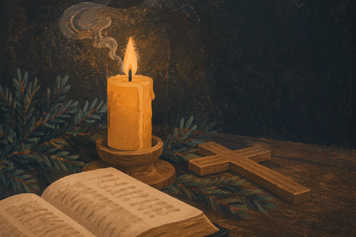 Burning Candle with Evergreen and Wooden Cross